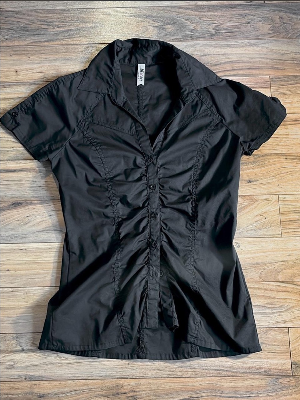 Women’s Black Button-Front Short Sleeve Shirt with Ruffle Detail